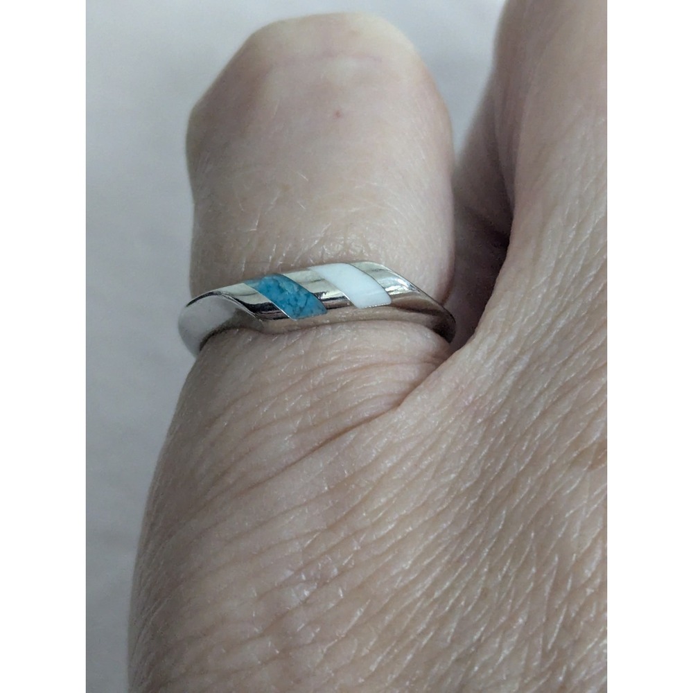 Double turquoise white inlay Womens silver band ring 6‎ unisex Mens pinky GIFT